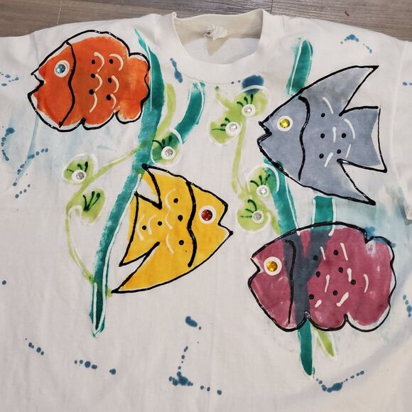 Vtg Indian Ink XL Bright Fish Graphic T-Shirt Single Stitch White Hand Painted - Picture 2 of 6